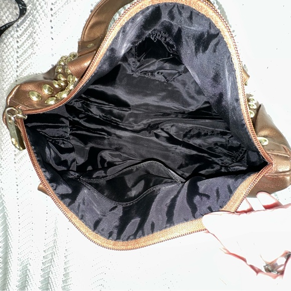 Bronze Faux Leather Embellished with Gold Studs- Bisou Bisou Satchel Bag - Picture 7 of 9
